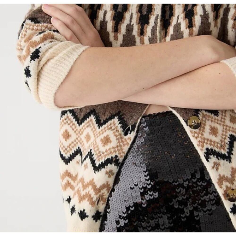 J Crew Fair Isle Cardigan Womens Heather Fawn Muslin Alpaca/Merino Wool M - Picture 4 of 8